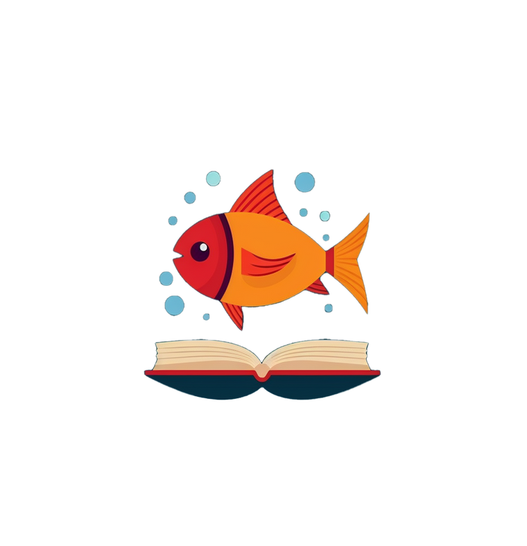 A red and orange fish with blue bubbles around him. The fish is over top of a open book.